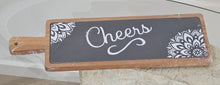 Load image into Gallery viewer, Acacia Wood & Slate Serving Board with cheers printed image 3