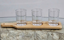 Load image into Gallery viewer, Bamboo Paddle Tray with 3 Glass Shot Glasses product photo 1