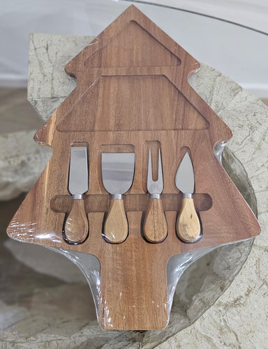 Tree-Shaped Acacia Wood Cheese Board Set with Stainless Steel Knives Image