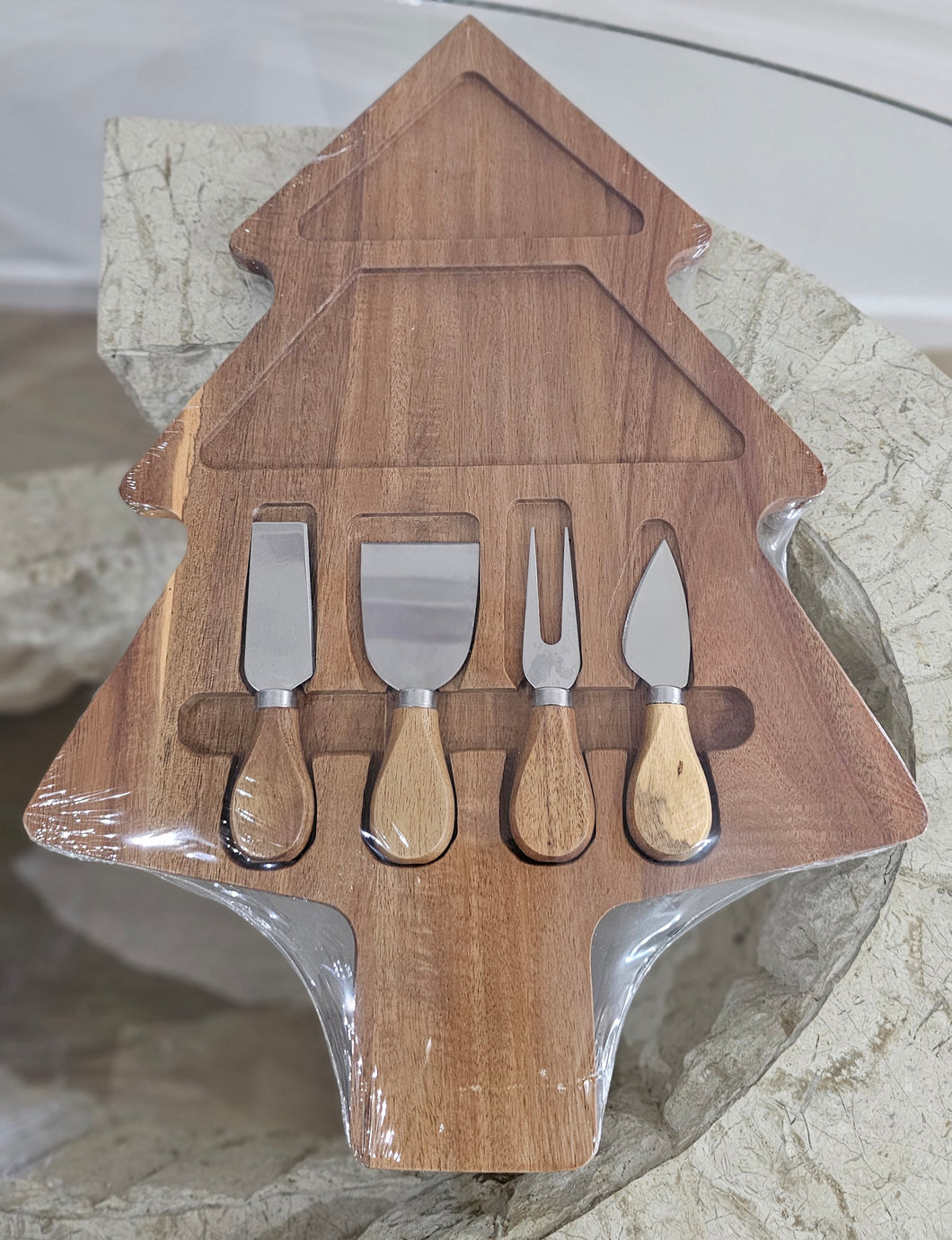 Tree-Shaped Acacia Wood Cheese Board Set with Stainless Steel Knives Image