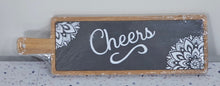 Load image into Gallery viewer, Acacia Wood &amp; Slate Serving Board with cheers printed image 1
