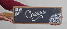 Load image into Gallery viewer, Acacia Wood &amp; Slate Serving Board with cheers printed image 4
