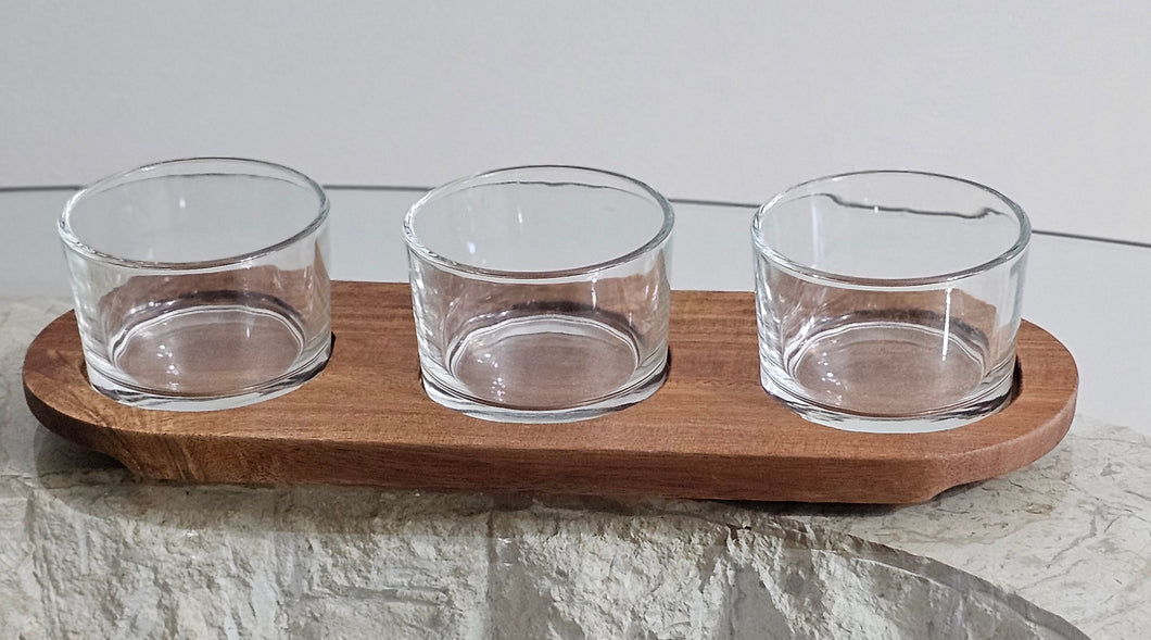 Acacia Wood Tray with 3 Glass Bowls Image