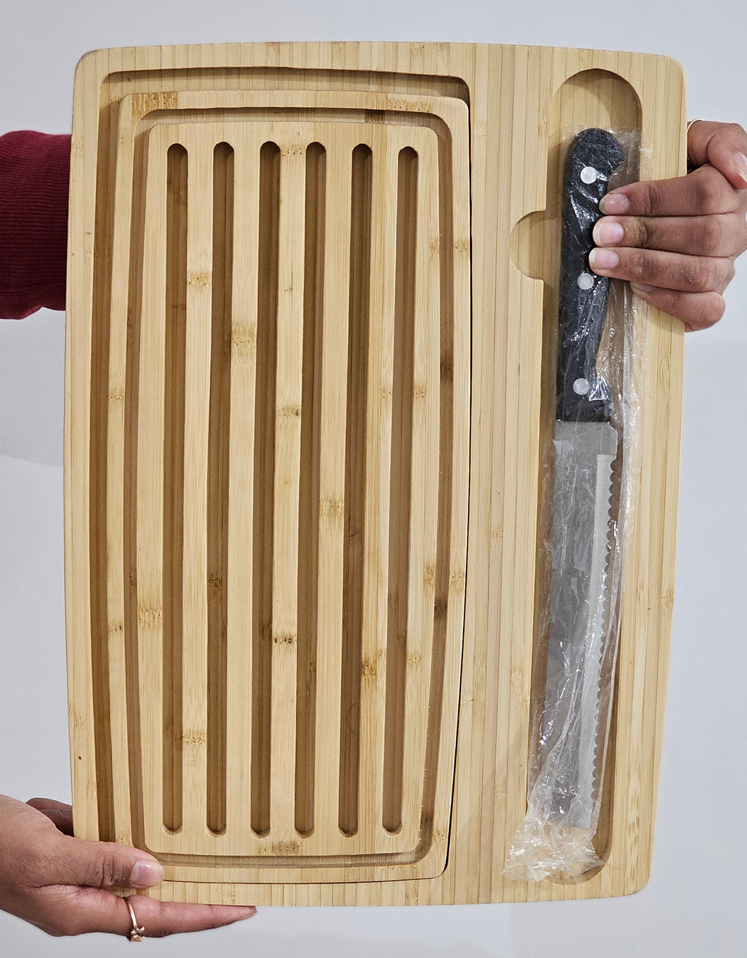 3-Piece Bamboo Bread Cutting Board Set with Crumb Catcher and Knife image