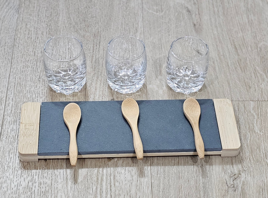 photo of Bamboo & Slate Serving Set with Glass Bowls and Spoons