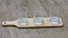 Load image into Gallery viewer, Bamboo Paddle Tray with 3 Glass Shot Glasses product photo 3

