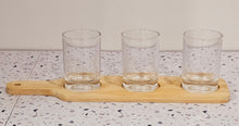 Load image into Gallery viewer, Bamboo Paddle Tray with 3 Glass Shot Glasses product photo
