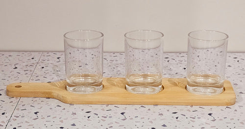 Bamboo Paddle Tray with 3 Glass Shot Glasses product photo