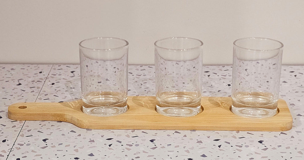 Bamboo Paddle Tray with 3 Glass Shot Glasses product photo