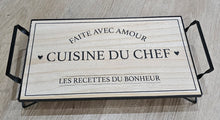 Load image into Gallery viewer, photo 1 of wooden tray, engraved with the heartfelt phrase: FAITE AVEC AMOUR – CUISINE DU CHEF – LES RECETTES DU BONHEUR
