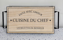 Load image into Gallery viewer, photo 3 of wooden tray, engraved with the heartfelt phrase: FAITE AVEC AMOUR – CUISINE DU CHEF – LES RECETTES DU BONHEUR
