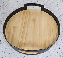 Load image into Gallery viewer, photo 1 of Round Wooden &amp; Metal Serving Tray with Cutout Handles
