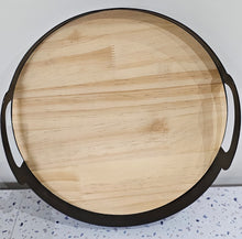 Load image into Gallery viewer, photo 2 of Round Wooden &amp; Metal Serving Tray with Cutout Handles
