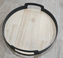 Load image into Gallery viewer, photo 3 of Round Wooden &amp; Metal Serving Tray with Cutout Handles
