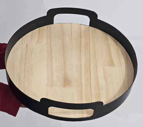 photo of Round Wooden & Metal Serving Tray with Cutout Handles