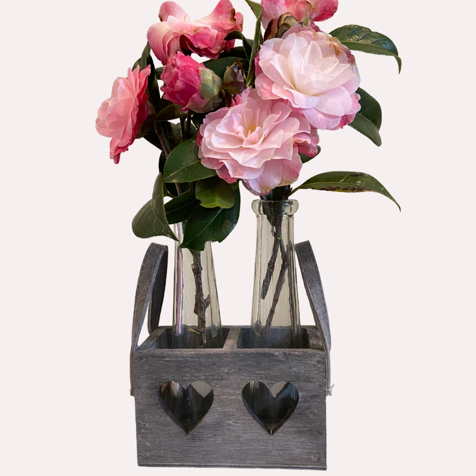 shabby chic styled vases in a wooden tray, buy now at Vivre, Nelson, NZ