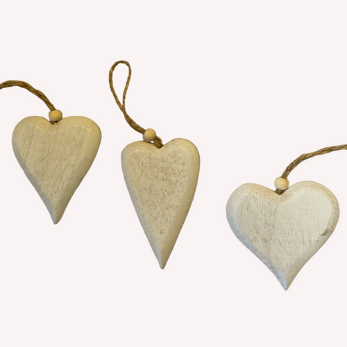 White wooden hanging hearts at Vivre, Nelson, NZ, browse our shabby chic hearts
