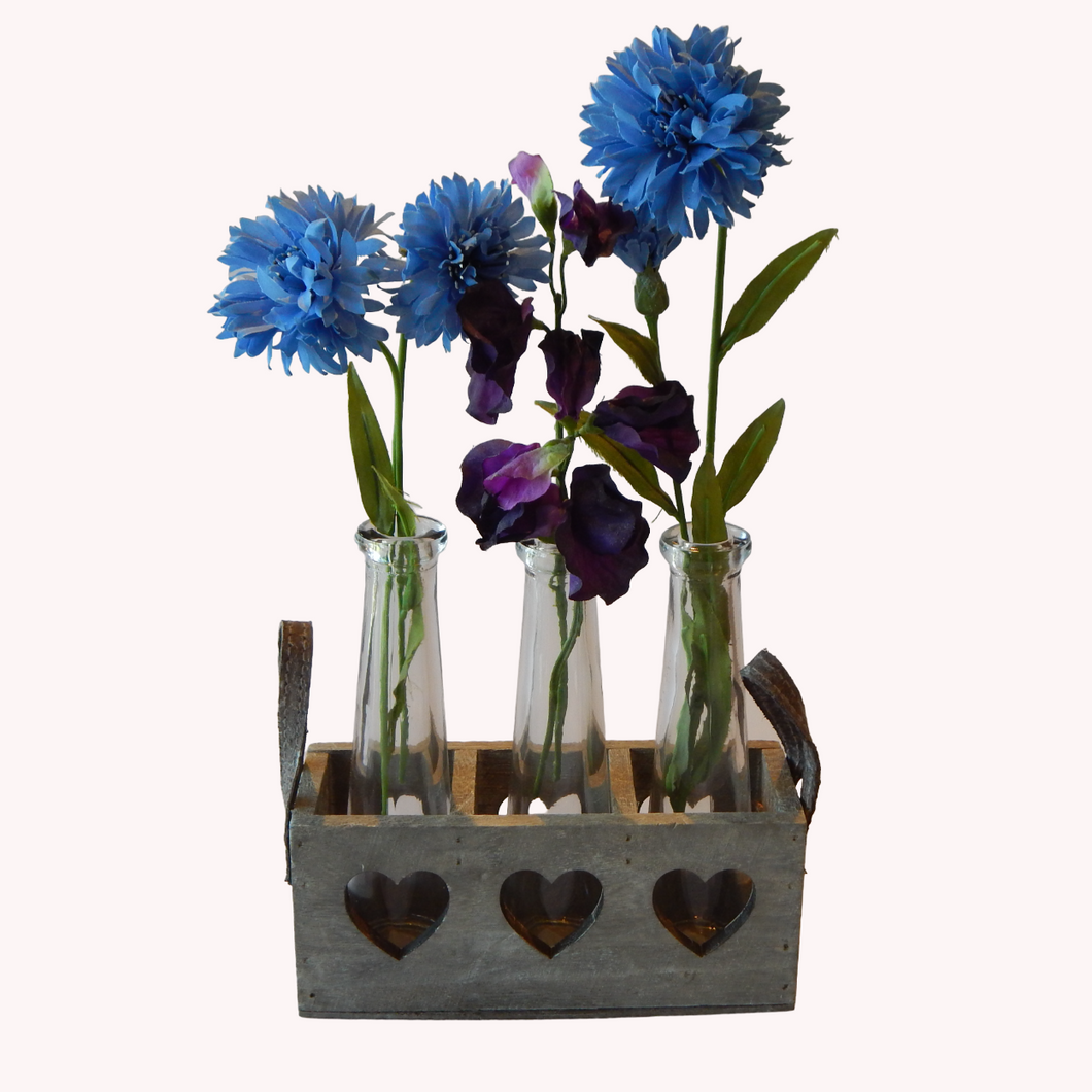 3 Vases in Wooden Heart Tray