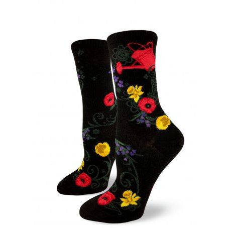 Gardening Crew Socks, Black, featuring watering cans and flowers